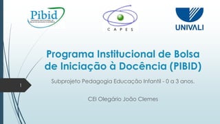 Programa Institucional de Bolsa
de Iniciação à Docência (PIBID)
Subprojeto Pedagogia Educação Infantil - 0 a 3 anos.
CEI Olegário João Clemes
1
 