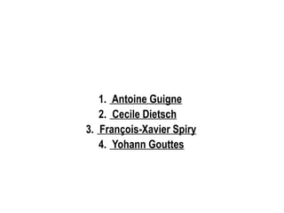 1. Antoine Guigne
2. Cecile Dietsch
3. François-Xavier Spiry
4. Yohann Gouttes

 