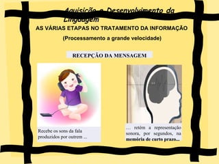 Aquisição e Desenvolvimento da Linguagem AS VÁRIAS ETAPAS NO TRATAMENTO DA INFORMAÇÃO (Processamento a grande velocidade) RECEPÇÃO DA MENSAGEM Recebe os sons da fala produzidos por outrem ... …  retém a representação sonora, por segundos, na  memória de curto prazo... 