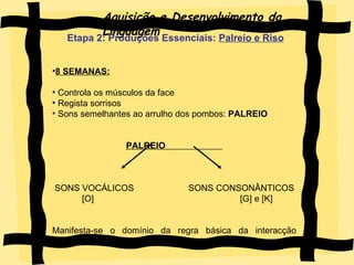 Aquisição e Desenvolvimento da Linguagem Etapa 2: Produções Essenciais:  Palreio e Riso 8 SEMANAS: Controla os músculos da face Regista sorrisos Sons semelhantes ao arrulho dos pombos:  PALREIO  PALREIO  SONS VOCÁLICOS  SONS CONSONÂNTICOS [O]  [G] e [K]  Manifesta-se o domínio da regra básica da interacção comunicativa,  PEGAR A VEZ , presente aos 3 meses.   