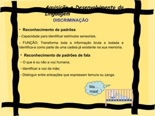 Aquisição e Desenvolvimento da Linguagem Reconhecimento de padrões - Capacidade para identificar estímulos sensoriais. - FUNÇÃO: Transforma toda a informação bruta e isolada e identifica-a como parte de uma cadeia já existente na sua memória . Reconhecimento de padrões de fala O que é ou não a voz humana; Identificar a voz da mãe; Distinguir entre entoações que expressam ternura ou zanga. DISCRIMINAÇÃO Ma…maa! 