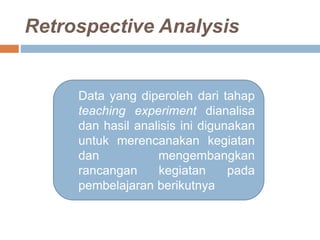 Retrospective Analysis
Data yang diperoleh dari tahap
teaching experiment dianalisa
dan hasil analisis ini digunakan
untuk merencanakan kegiatan
dan mengembangkan
rancangan kegiatan pada
pembelajaran berikutnya
 