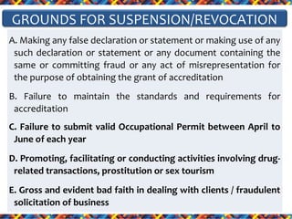 GROUNDS FOR SUSPENSION/REVOCATION
A. Making any false declaration or statement or making use of any
such declaration or statement or any document containing the
same or committing fraud or any act of misrepresentation for
the purpose of obtaining the grant of accreditation
B. Failure to maintain the standards and requirements for
accreditation
C. Failure to submit valid Occupational Permit between April to
June of each year
D. Promoting, facilitating or conducting activities involving drugrelated transactions, prostitution or sex tourism
E. Gross and evident bad faith in dealing with clients / fraudulent
solicitation of business

 