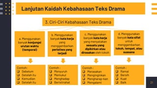 21
Lanjutan Kaidah Kebahasaan Teks Drama
a. Menggunakan
banyak konjungsi
urutan waktu
(temporal)
b. Menggunakan
banyak kata kerja
yang
menggambarkan
peristiwa yang
terjadi
c. Menggunakan
banyak kata kerja
yang menyatakan
sesuatu yang
dipikirkan atau
dirasakan oleh tokoh
d. Menggunakan
banyak kata sifat
untuk
menggambarkan
tokoh, tempat, atau
suasana
Contoh:
 Sebelum
 Setelah itu
 Kemudian
 Setelah itu
Contoh :
 Menyuruh
 Memukul
 Menghadap
 Beristirahat
Contoh :
 Merasakan
 Menginginkan
 Mengharap-kan
 Mengalami
Contoh :
 Ramai
 Bersih
 Kuat
 Baik
3. Ciri-Ciri Kebahasaan Teks Drama
 