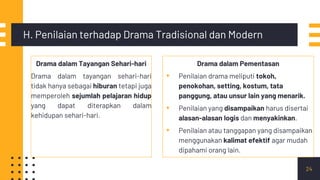 Drama dalam Tayangan Sehari-hari
Drama dalam tayangan sehari-hari
tidak hanya sebagai hiburan tetapi juga
memperoleh sejumlah pelajaran hidup
yang dapat diterapkan dalam
kehidupan sehari-hari.
H. Penilaian terhadap Drama Tradisional dan Modern
Drama dalam Pementasan
▪ Penilaian drama meliputi tokoh,
penokohan, setting, kostum, tata
panggung, atau unsur lain yang menarik.
▪ Penilaian yang disampaikan harus disertai
alasan-alasan logis dan menyakinkan.
▪ Penilaian atau tanggapan yang disampaikan
menggunakan kalimat efektif agar mudah
dipahami orang lain.
24
 