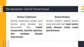 Drama Tradisional
Drama tradisional adalah seni
drama yang berakar dan
bersumber dari tradisi
masyarakat, bersifat spontan,
dan terdapat banyak
improvisasi.
Berdasarkan Teknik Pementasan
Drama Modern
Drama modern adalah drama
yang bertolak dari hasil sastra
yang disusun untuk suatu
pementasan.
7
 