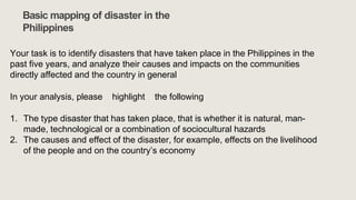 Basic mapping of disaster in the
Philippines
Your task is to identify disasters that have taken place in the Philippines in the
past five years, and analyze their causes and impacts on the communities
directly affected and the country in general
In your analysis, please highlight the following
1. The type disaster that has taken place, that is whether it is natural, man-
made, technological or a combination of sociocultural hazards
2. The causes and effect of the disaster, for example, effects on the livelihood
of the people and on the country’s economy
 