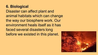 6. Biological
Disaster can affect plant and
animal habitats which can change
the way our biosphere work. Our
environment heals itself as it has
faced several disasters long
before we existed in this planet.
 