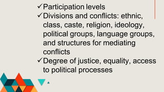 Participation levels
Divisions and conflicts: ethnic,
class, caste, religion, ideology,
political groups, language groups,
and structures for mediating
conflicts
Degree of justice, equality, access
to political processes
 