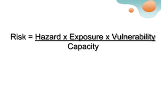 Risk = Hazard x Exposure x Vulnerability
Capacity
 