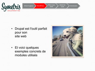 Briser la glace

WordPress

• Drupal est l'outil parfait
pour son
site web
• Et voici quelques
exemples concrets de
modules utilisés

Filtrer avec
AJAX

Détail du
Code

Conclusion

 