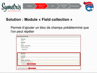 Drupal

L’édition de
contenu

SEO

Développe
ment

Conclusion

Solution : Module « Field collection »
Permet d’ajouter un bloc de champs prédéterminé que
l’on peut répéter

 