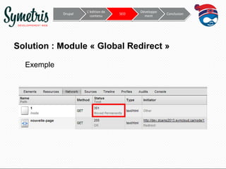 Drupal

L’édition de
contenu

SEO

Développe
ment

Conclusion

Solution : Module « Global Redirect »
Exemple

 