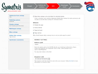 Drupal

L’édition de
contenu

SEO

Développe
ment

Conclusion

 