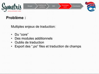 Drupal

L’édition de
contenu

SEO

Développe
ment

Conclusion

Problème :
Multiples enjeux de traduction:
•
•
•
•

Du “core”
Des modules additionnels
Oublis de traduction
Export des “.po” files et traduction de champs

 