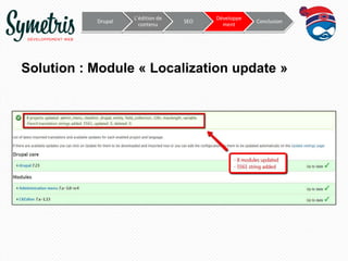 Drupal

L’édition de
contenu

SEO

Développe
ment

Conclusion

Solution : Module « Localization update »

 