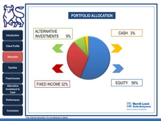 PORTFOLIO ALLOCATION


                             ALTERNATIVE                                                            CASH 3%
Introduction                 INVESTMENTS                              9%

Client Profile



 Allocation



  Equities



Fixed Income

                               FIXED INCOME 32%                                                    EQUITY 56%
 Alternative
Investment &
    Cash

Performance


Conclusion

                 Only internal information- Do not distribute to clients.
 