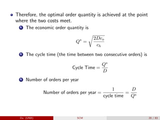 Therefore, the optimal order quantity is achieved at the point
where the two costs meet.
1 The economic order quantity is
Q∗
=
r
2Dco
ch
2 The cycle time (the time between two consecutive orders) is
Cycle Time =
Q∗
D
3 Number of orders per year
Number of orders per year =
1
cycle time
=
D
Q∗
Du (UNB) SCM 20 / 83
 