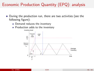 Economic Production Quantity (EPQ): analysis
During the production run, there are two activities (see the
following figure):
Demand reduces the inventory
Production adds to the inventory
inventory level
time
Lot
size
Q
p-d d
p
Production
and
usage
usage
only
Maximum
Inventory
Imax
p
Q
Average
Inventory
0
Du (UNB) SCM 40 / 83
 