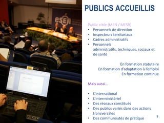 PUBLICS ACCUEILLIS
Public cible (MEN / MESR)
• Personnels de direction
• Inspecteurs territoriaux
• Cadres administratifs
• Personnels
administratifs, techniques, sociaux et
de santé
En formation statutaire
En formation d’adaptation à l’emploi
En formation continue
Mais aussi…
•
•
•
•

L’international
L’interministériel
Des réseaux constitués
Des publics variés dans des actions
transversales
• Des communautés de pratique

5

 