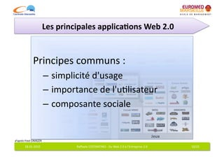 Les	
  principales	
  applica7ons	
  Web	
  2.0	
  


                   Principes	
  communs	
  :	
  
                                 – 	
  simplicité	
  d'usage	
  
                                 – 	
  importance	
  de	
  l'u6lisateur	
  
                                 – 	
  composante	
  sociale	
  


d'après	
  Fred	
  CAVAZZA	
  
          18-­‐01-­‐2010	
                   Raﬀaele	
  COSTANTINO	
  -­‐	
  Du	
  Web	
  2.0	
  à	
  l'Entreprise	
  2.0	
     10/25	
  
 