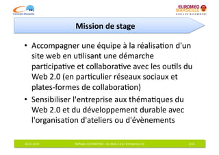 Mission	
  de	
  stage	
  

•  Accompagner	
  une	
  équipe	
  à	
  la	
  réalisa6on	
  d'un	
  
   site	
  web	
  en	
  u6lisant	
  une	
  démarche	
  
   par6cipa6ve	
  et	
  collabora6ve	
  avec	
  les	
  ou6ls	
  du	
  
   Web	
  2.0	
  (en	
  par6culier	
  réseaux	
  sociaux	
  et	
  
   plates-­‐formes	
  de	
  collabora6on)	
  
•  Sensibiliser	
  l'entreprise	
  aux	
  théma6ques	
  du	
  
   Web	
  2.0	
  et	
  du	
  développement	
  durable	
  avec	
  
   l'organisa6on	
  d'ateliers	
  ou	
  d'évènements	
  

18-­‐01-­‐2010	
     Raﬀaele	
  COSTANTINO	
  -­‐	
  Du	
  Web	
  2.0	
  à	
  l'Entreprise	
  2.0	
     3/25	
  
 