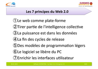 Les	
  7	
  principes	
  du	
  Web	
  2.0	
  

                 Le	
  web	
  comme	
  plate-­‐forme	
  
                 Tirer	
  par6e	
  de	
  l'intelligence	
  collec6ve	
  
                 La	
  puissance	
  est	
  dans	
  les	
  données	
  
                 La	
  ﬁn	
  des	
  cycles	
  de	
  release	
  
                 Des	
  modèles	
  de	
  programma6on	
  légers	
  
                 Le	
  logiciel	
  se	
  libère	
  du	
  PC	
  
                 Enrichir	
  les	
  interfaces	
  u6lisateur	
  
18-­‐01-­‐2010	
              Raﬀaele	
  COSTANTINO	
  -­‐	
  Du	
  Web	
  2.0	
  à	
  l'Entreprise	
  2.0	
     8/25	
  
 