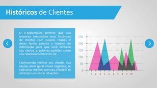 Históricos de Clientes
O e-Millennium permite que sua
empresa personalize seus históricos
de clientes com poucos cliques e
dessa forma garanta o máximo de
informação para que você conhece
seu cliente e entenda padrões sobre
seu relacionamento com ele.
Conhecendo melhor seu cliente, sua
equipe pode gerar novos negócios, se
relacionar melhor com seu cliente e se
antecipar em várias situações.
 