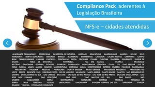 Compliance Pack aderentes à
Legislação Brasileira
ALMIRANTE TAMANDARE AMERICANA APARECIDA DE GOIANIA ARACAJU ARACATUBA ARARAQUARA ARARAS BELEM BELO
HORIZONTE BENTO GONCALVES BIGUACU BIRIGUI BLUMENAU BOMBINHAS CACADOR CALDAS NOVAS CAMPINAS CAMPO
BOM CAMPO GRANDE CANOAS CASCAVEL CONTAGEM COTIA CRICIUMA CUIABA CURITIBA DIADEMA DOURADOS DUQUE DE
CAXIAS FEIRA DE SANTANA FORTALEZA FOZ DO IGUACU FRANCA FRANCISCO
BELTRAO GAROPABA GOIANIA GOIOERE GUARUJA GUARULHOS HIDROLANDIA ITABORAI ITAJAI ITU JOAO PESSOA JUIZ DE
FORA JUNDIAI LAGES MACAE MACEIO MANDIRITUBA MARINGA MAUA MONTENEGRO NITEROI OSASCO PALHOCA PARANAGUA
PARANAVAI PAULINIA PELOTAS PIRACICABA PONTA GROSSA PRAIA GRANDE PRESIDENTE PRUDENTE PRIMAVERA DO
LESTE RECIFE REGENTE FEIJO RIBEIRAO PRETO RIO DE JANEIRO SALVADOR SANTA MARIA SANTO ANDRE SANTOS SAO BERNARDO DO
CAMPO SAO CAETANO DO SUL SAO CARLOS SAO JOSE SAO JOSE DO RIO PARDO SAO JOSE DO RIO PRETO SAO JOSE DOS CAMPOS SAO
JOSE DOS PINHAIS SAO LEOPOLDO SAO LUIS SAO MATEUS DO SUL SAO PAULO SAO
VICENTE SAQUAREMA SERRA SERTAOZINHO SOROCABA SORRISO TAMBAU TANGARA DA
SERRA TATUI TERESINA TOLEDO UBERLANDIA UMUARAMA VARGEM GRANDE DO SUL VARGINHA VARZEA
GRANDE VILHENA VITORIA DA CONQUISTA
NFS-e – cidades atendidas
 