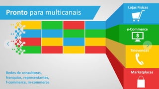 Redes de consultoras,
franquias, representantes,
f-commerce, m-commerce
Pronto para multicanais
Lojas Físicas
e-Commerce
Televendas
Marketplaces
 