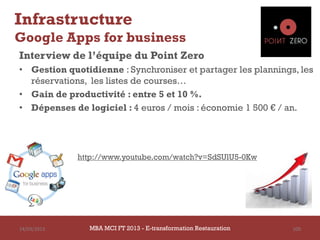Infrastructure
Google Apps for business
Interview de l’équipe du Point Zero
• Gestion quotidienne : Synchroniser et partager les plannings, les
  réservations, les listes de courses…
• Gain de productivité : entre 5 et 10 %.
• Dépenses de logiciel : 4 euros / mois : économie 1 500 € / an.




             http://www.youtube.com/watch?v=SdSUlU5-0Kw




14/03/2013      MBA MCI FT 2013 - E-transformation Restauration   100
 