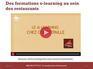Des formations e-learning au sein
des restaurants




             Sources: www.courtepaille.com/metiers/formation/

14/03/2013         MBA MCI FT 2013 FTE-transformation Restauration
                            MBA MCI 2013 - E-transformation
                                   -                                 106
                                     Restauration
 