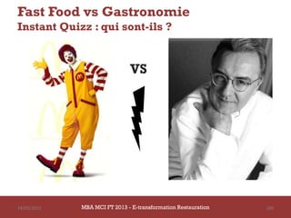Fast Food vs Gastronomie
Instant Quizz : qui sont-ils ?


                              VS




14/03/2013   MBA MCI FT 2013 FTE-transformation Restauration
                      MBA MCI 2013 - E-transformation
                             -                                 109
                               Restauration
 