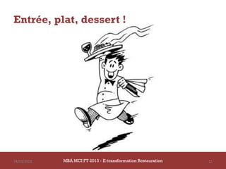 Entrée, plat, dessert !




14/03/2013   MBA MCI FT 2013 - E-transformation Restauration   11
 