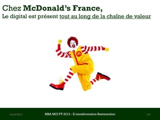Chez McDonald’s France,
Le digital est présent tout au long de la chaîne de valeur




  14/03/2013    MBA MCI FT 2013 FTE-transformation Restauration
                         MBA MCI 2013 - E-transformation
                                -                                 119
                                  Restauration
 