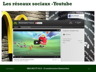 Les réseaux sociaux -Youtube




 14/03/2013   MBA MCI FT 2013 FTE-transformation Restauration
                       MBA MCI 2013 - E-transformation
                              -                                 125
                                Restauration
 