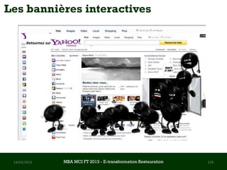 Les bannières interactives




 14/03/2013   MBA MCI FT 2013 FTE-transformation Restauration
                       MBA MCI 2013 - E-transformation
                              -                                 129
                                Restauration
 