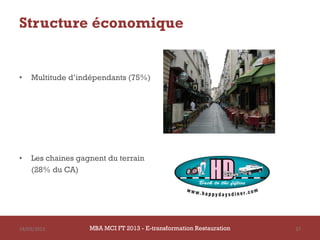 Structure économique


•   Multitude d’indépendants (75%)




•   Les chaines gagnent du terrain
    (28% du CA)




14/03/2013         MBA MCI FT 2013 - E-transformation Restauration   37
 