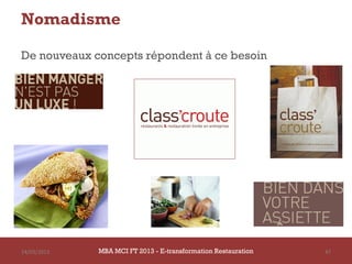Nomadisme

De nouveaux concepts répondent à ce besoin




14/03/2013   MBA MCI FT 2013 - E-transformation Restauration   47
 