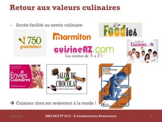 Retour aux valeurs culinaires

 Accès facilité au savoir culinaire




 Cuisiner chez soi redevient à la mode !

14/03/2013       MBA MCI FT 2013 - E-transformation Restauration   49
 