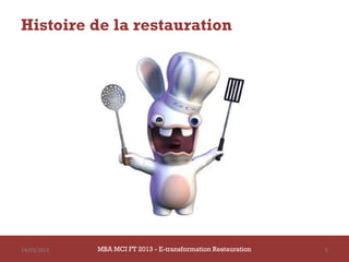 Histoire de la restauration




14/03/2013   MBA MCI FT 2013 - E-transformation Restauration   5
 