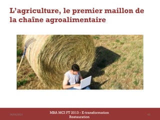 L’agriculture, le premier maillon de
la chaîne agroalimentaire




14/03/2013
             MBA MCI FT 2013 - E-transformation   62
                       Restauration
 