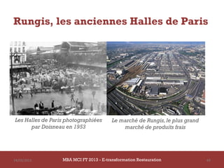 Rungis, les anciennes Halles de Paris




Les Halles de Paris photographiées        Le marché de Rungis, le plus grand
      par Doisneau en 1953                    marché de produits frais




14/03/2013        MBA MCI FT 2013 FTE-transformation Restauration
                           MBA MCI 2013 - E-transformation
                                  -                                            69
                                     Restauration
 