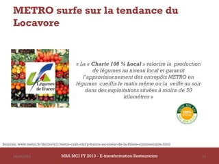 METRO surfe sur la tendance du
     Locavore


                                         « La « Charte 100 % Local » valorise la production
                                                de légumes au niveau local et garantit
                                            l’approvisionnement des entrepôts METRO en
                                         légumes cueillis le matin même ou la veille au soir
                                             dans des exploitations situées à moins de 50
                                                             kilomètres »




Sources: www.metro.fr/decouvrir/metro-cash-carry-france-au-coeur-de-la-filiere-commercante.html


     14/03/2013                  MBA MCI FT 2013 FTE-transformation Restauration
                                          MBA MCI 2013 - E-transformation
                                                 -                                                71
                                                       Restauration
 