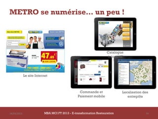 METRO se numérise… un peu !




                                                                    Catalogue
                                                                    interactif




             Le site Internet



                                                 Commande et                 Localisation des
                                                Paiement mobile                 entrepôts



14/03/2013                MBA MCI FT 2013 FTE-transformation Restauration
                                   MBA MCI 2013 - E-transformation
                                          -                                                74
                                            Restauration
 