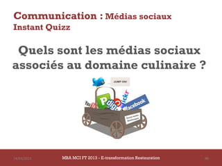Communication : Médias sociaux
Instant Quizz

 Quels sont les médias sociaux
associés au domaine culinaire ?




14/03/2013   MBA MCI FT 2013 - E-transformation Restauration   86
 
