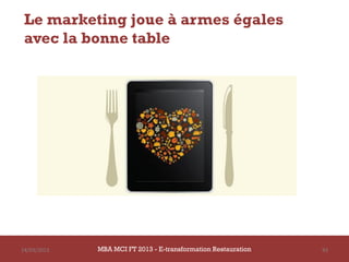 Le marketing joue à armes égales
 avec la bonne table




14/03/2013   MBA MCI FT 2013 - E-transformation Restauration   93
 