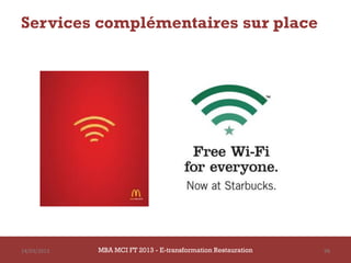 Services complémentaires sur place




14/03/2013   MBA MCI FT 2013 FTE-transformation Restauration
                      MBA MCI 2013 - E-transformation
                             -                                 98
                               Restauration
 