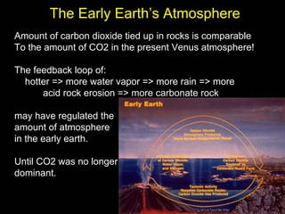 The Early Earth’s Atmosphere
Amount of carbon dioxide tied up in rocks is comparable
To the amount of CO2 in the present Venus atmosphere!

The feedback loop of:
  hotter => more water vapor => more rain => more
      acid rock erosion => more carbonate rock

may have regulated the
amount of atmosphere
in the early earth.

Until CO2 was no longer
dominant.
 