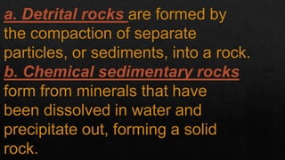 a. Detrital rocks are formed by
the compaction of separate
particles, or sediments, into a rock.
b. Chemical sedimentary rocks
form from minerals that have
been dissolved in water and
precipitate out, forming a solid
rock.
 